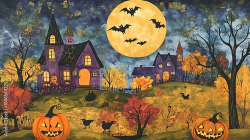 A spooky Halloween scene in vintage folk art style, featuring grinning pumpkins, bats, and a haunted village under a full moon photo