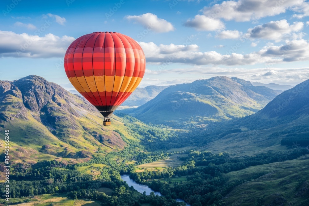 Fototapeta premium A stunning aerial view of a bright red hot air balloon soaring high above lush green valleys and rolling hills. Experience the beauty of nature. Generative AI