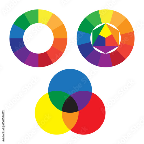 Color wheel set. Bright color spectrum. RGB and CMYK wheels. Overlapping shapes illustration.