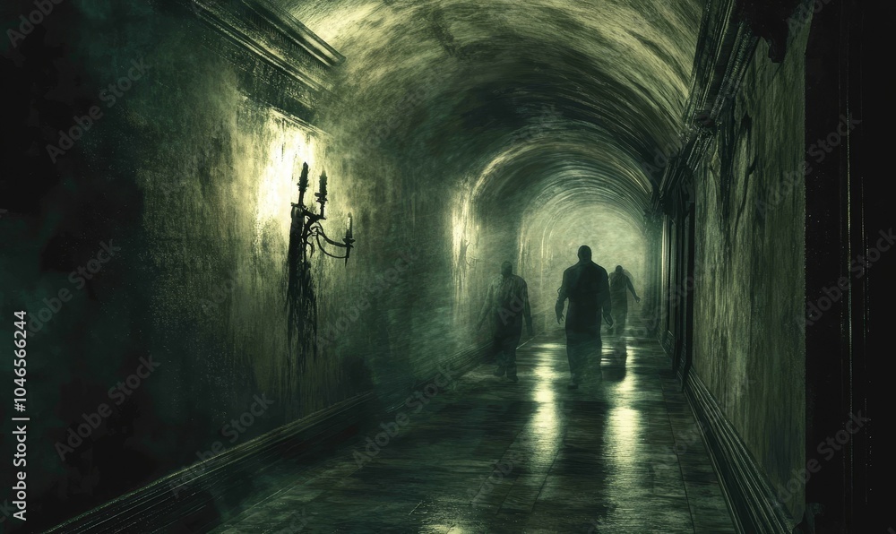Obraz premium Dark hallway with three shadowy figures.