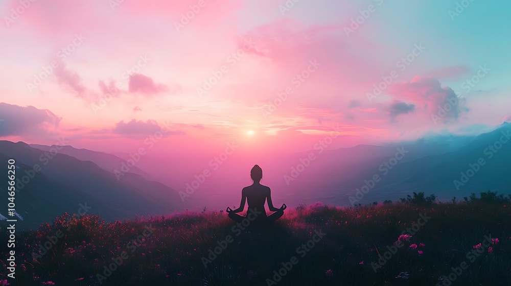 A serene image of a person meditating in nature, with a sky blending blue and pink, symbolizing hope and tranquility A serene image of a person meditating in nature, with a sky blending blue and pink, symbolizing hope and tranquility