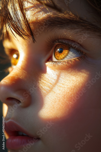 A close up of a child's face with yellow eyes photo