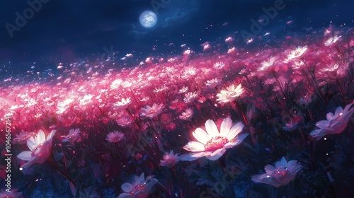 Glowing Moonlit Flower Field   A Serene and Ethereal Landscape at Night