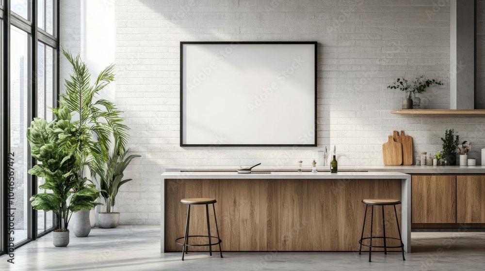 Bright kitchen with a blank frame on the wall Bright kitchen with a blank frame on the wall