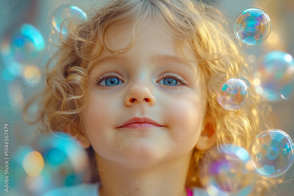 A little girl with blue eyes and curly hair blowing bubbles A little girl with blue eyes and curly hair blowing bubbles