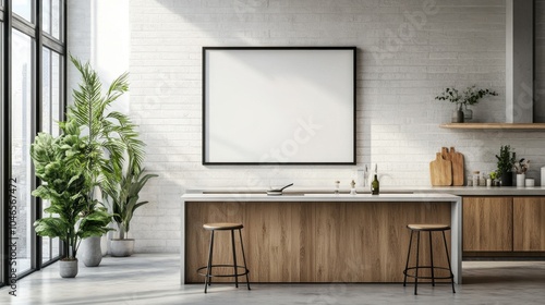 Bright kitchen with a blank frame on the wall