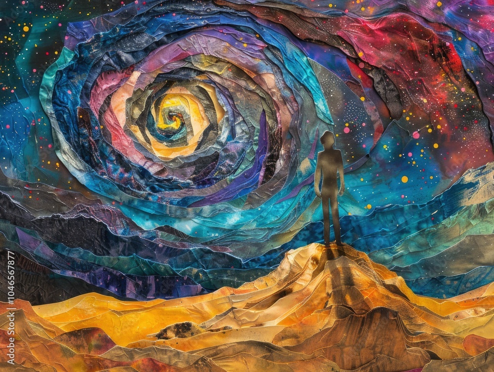 Human-like figure standing within vibrant cosmic swirls filled with glowing celestial colors: abstract surrealism, artistic universes, dreamlike imagination, cosmic exploration Human-like figure standing within vibrant cosmic swirls filled with glowing celestial colors: abstract surrealism, artistic universes, dreamlike imagination, cosmic exploration