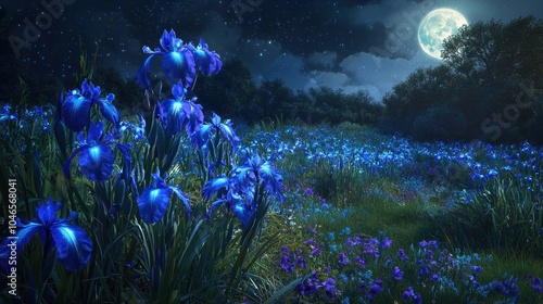 Glowing Sapphire Iris Meadow Under Moonlight in Enchanted Dreamscape