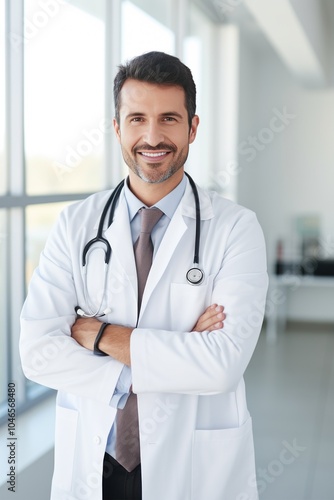 Confident, cheerful doctor standing with crossed arms in modern clinic, wearing white coat and stethoscope. Professional healthcare