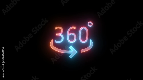 Neon 360 degree video icon brown cyan color glowing black background