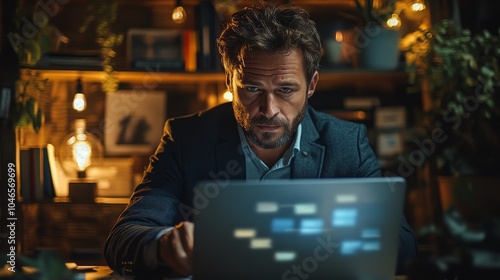 Businessman Reading Email on Laptop with Spam and Virus Alerts, Internet Security Concept, Hyper-Realistic Ultra HD Shot Displaying Spam Pop-up Warnings in Natural Colors, 8K Detail, LEICA Lens