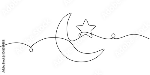 Minimalist Star and Moon Continuous Line Drawing for Celestial and Astronomy Designs