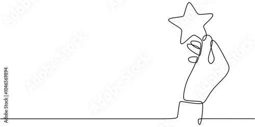 Minimalist One Line Drawing of Hand Holding a Star Reaching for Celestial Objects