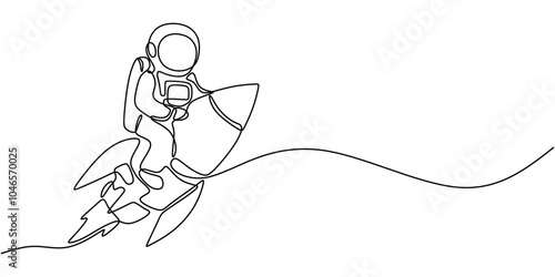 Minimalist One Line Drawing of Astronaut Riding Rocket for Space Travel and Exploration