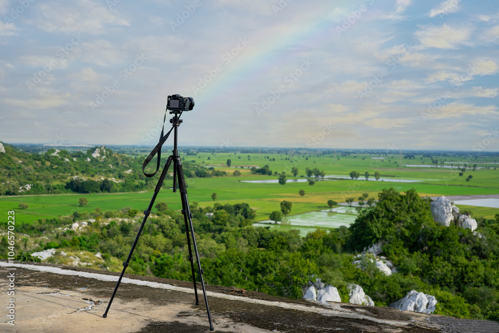 Camera on tripod with view point on mountain.. Camera on tripod with view point on mountain..