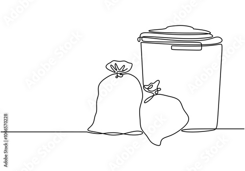 Minimalist Continuous Line Drawing of Garbage Bin and Plastic Trash Bag for Waste Management