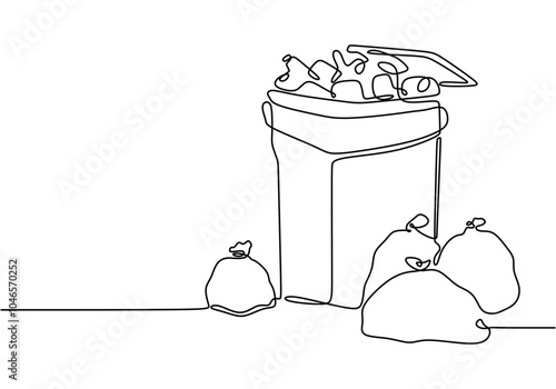 Continuous Line Drawing of Waste Bin with Plastic Trash Bag for Recycling and Environment Protection