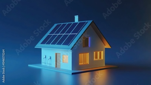 Modern house with solar panels and blue LED light indicating energy use