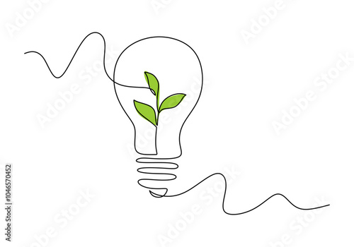 Eco-Friendly Light Bulb with Leaf Continuous Line Art for Green Energy Promotion