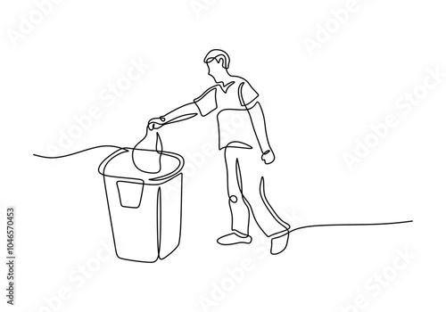 Continuous Line Drawing of Man Disposing Trash in Garbage Can for Minimalist Waste Management