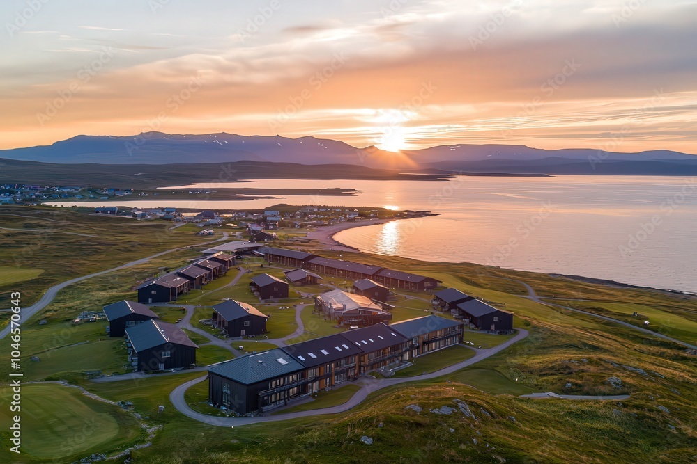 Obraz premium Scenic Sunset Over Coastal Village with Modern Architecture in Nature's Embrace