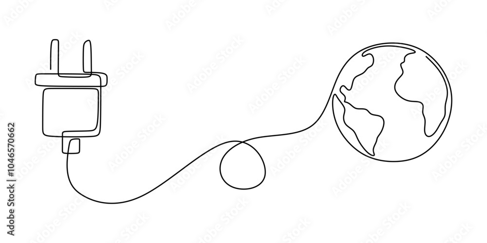 Obraz premium Eco-Friendly Energy Solutions One Line Drawing of Electric Plug and Earth Icon
