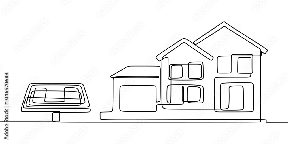 Continuous Line Drawing of Solar Panel Connected to House for Sustainable Energy Concept Continuous Line Drawing of Solar Panel Connected to House for Sustainable Energy Concept