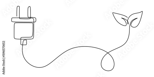 Eco-Friendly Electrical Plug with Leaf Continuous Line Art for Sustainable Energy Concept