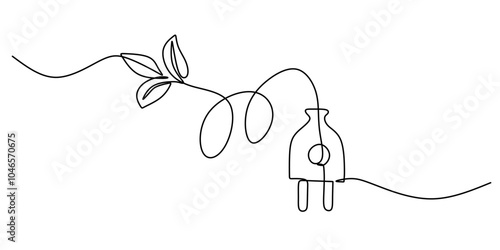 Eco-Friendly Electrical Plug with Leaf Icon in Continuous Line Drawing for Green Energy Solutions