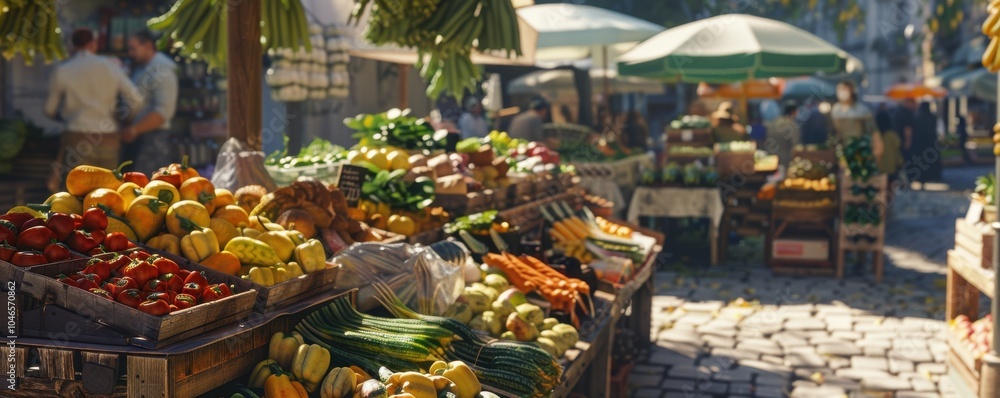 Bustling farmers market with fresh produce and baked goods, 4K hyperrealistic photo Bustling farmers market with fresh produce and baked goods, 4K hyperrealistic photo