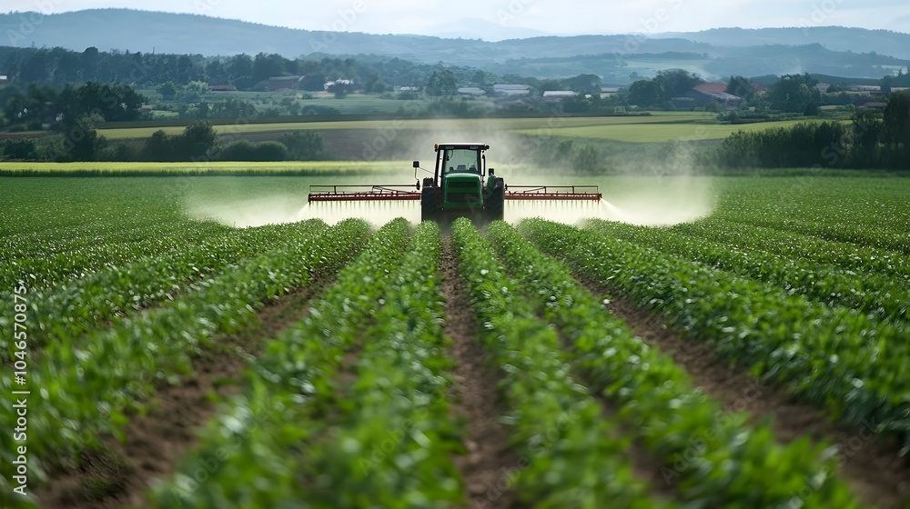 Fototapeta premium Tractor Spraying Pesticide on Agricultural Field in Countryside Landscape