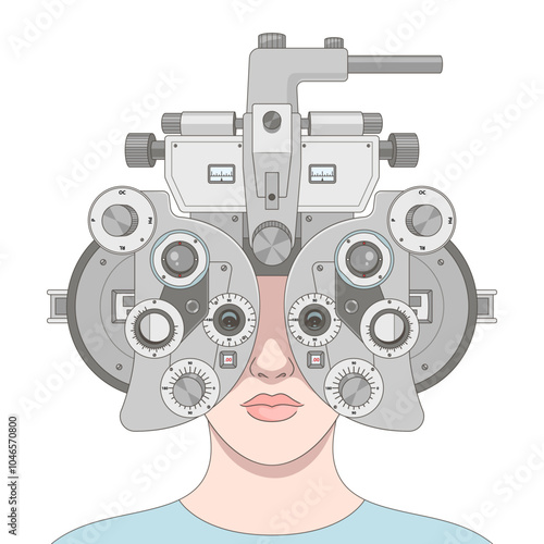 person undergoing a vision test with a phoropter, used in optometry to determine eye prescriptions diagram hand drawn schematic vector illustration. Medical science educational illustration