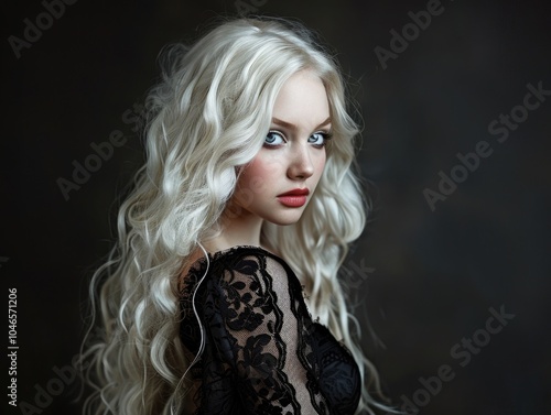 Elegant Woman with Curly Platinum Blonde Hair and Lace Top