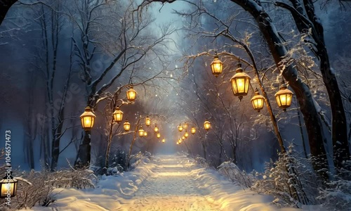 A winter wonderland with frosted trees and softly glowing lanterns hanging in the branches, surrounded by gently falling snow and a peaceful snowy path