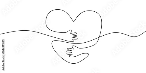 Continuous Line Drawing of Hands Embracing Heart Minimalist Love Concept Vector Illustration