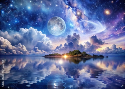 Dreamy Celestial Archipelago With Swirling Nebula Clouds and Ethereal Moonbeams in the Night Sky