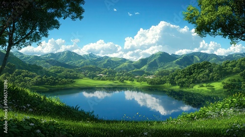 Serene Reflection of Nature A Lush Landscape with Mountains and Tranquil Waters