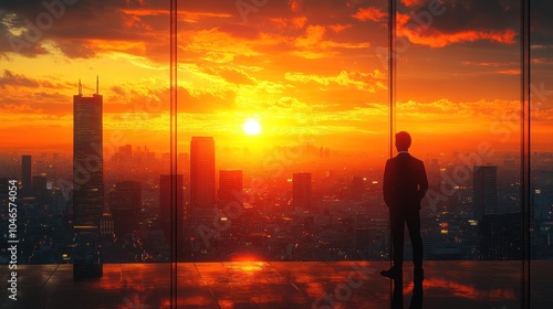 Silhouette of a person overlooking a vibrant sunset cityscape.