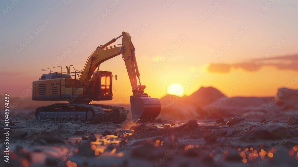 Majestic Sunrise Over Construction Site with Heavy Excavator Majestic Sunrise Over Construction Site with Heavy Excavator
