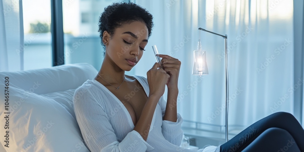 A woman delicately examines skincare product while sitting comfortably in a cozy bedroom A woman delicately examines skincare product while sitting comfortably in a cozy bedroom