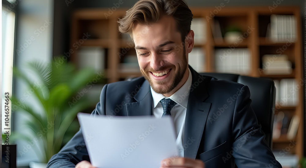 A man in a suit is smiling while reading a piece of paper A man in a suit is smiling while reading a piece of paper