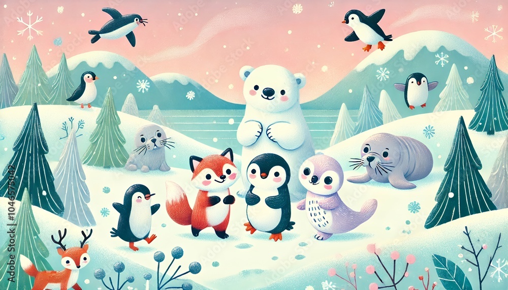 Obraz premium A Group of Adorable Arctic Animals Enjoying a Playful Winter Day Amid Snow-Covered Hills and Snowflakes