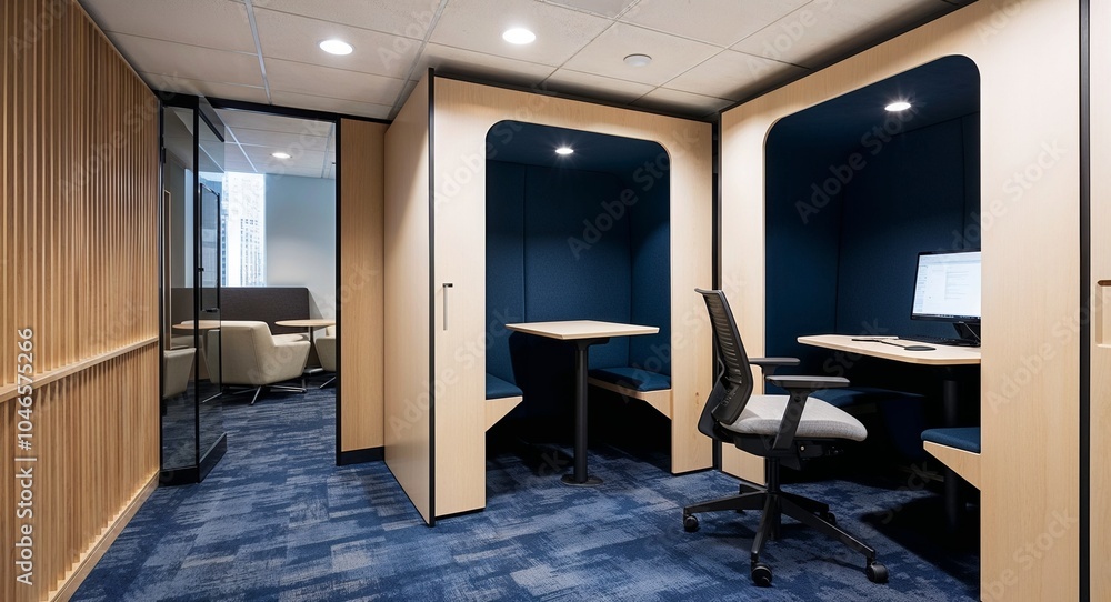 Quiet zone with soundproof pods for focused work, equipped with a desk and chair Quiet zone with soundproof pods for focused work, equipped with a desk and chair