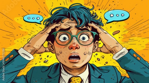 A worried young man in a suit expressing anxiety with colorful background and dialogue bubbles