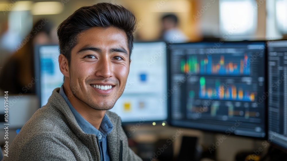 A guy sitting at a computer and smiling at the camera, a data analyst, with selective focus A guy sitting at a computer and smiling at the camera, a data analyst, with selective focus