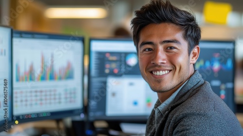 A guy sitting at a computer and smiling at the camera, a data analyst, with selective focus