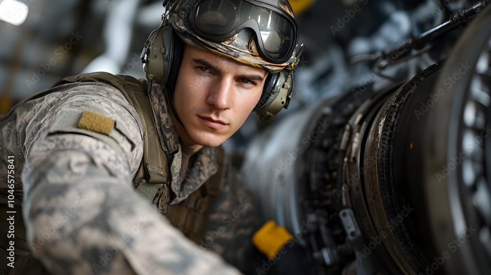 A skilled mechanic wearing a uniform is carefully adjusting and repairing the exhaust system on the engine of a military aircraft showcasing their expertise in aerospace engineering and maintenance A skilled mechanic wearing a uniform is carefully adjusting and repairing the exhaust system on the engine of a military aircraft showcasing their expertise in aerospace engineering and maintenance