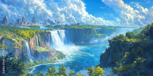 A breathtaking view from the air, showing Niagara Falls from the Canadian side, including both the American and Canadian waterfalls, as well as the Rainbow Bridge.