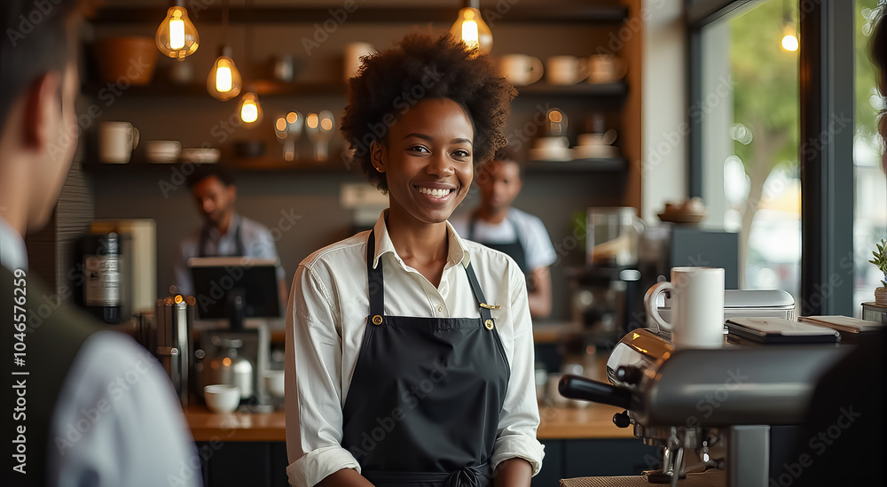 A smiling woman in a coffee shop with a brown apron holding a cup A smiling woman in a coffee shop with a brown apron holding a cup