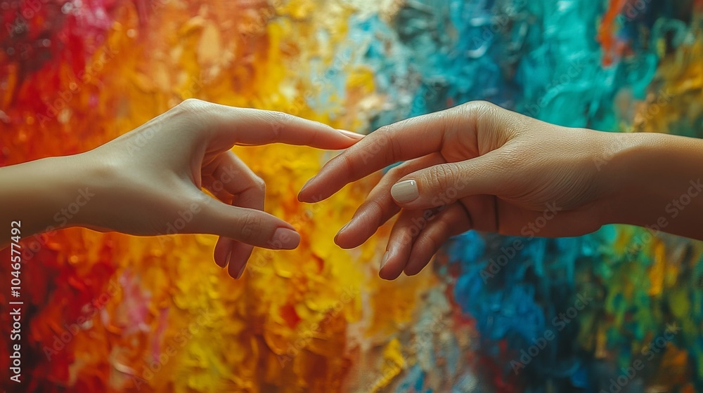 Two hands reach towards each other, set against a colorful abstract background, symbolizing connection, artistic expression, and the vibrant energy of human touch. Two hands reach towards each other, set against a colorful abstract background, symbolizing connection, artistic expression, and the vibrant energy of human touch.
